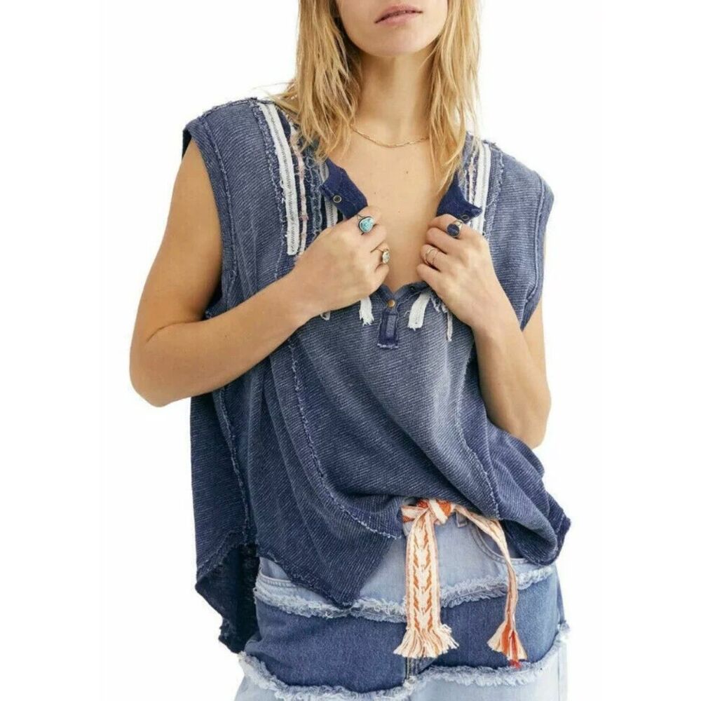 Free People Harvey Muscle Indigo Combo Sleeveless Top, Sz Med, Boho Oversized